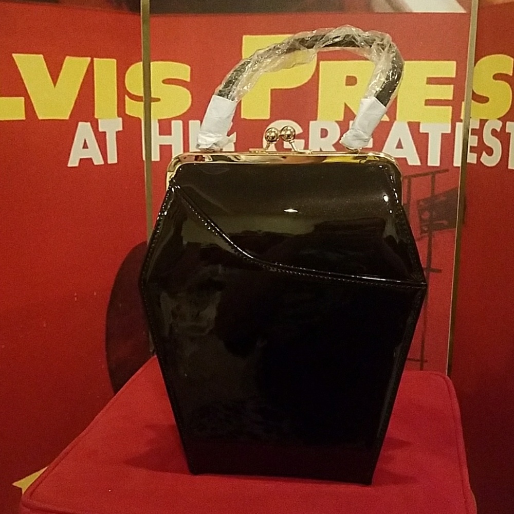 Tatyana Vintage Black To Die For Coffin Kisslock Pinup Purse w Leopard Lining - Picture 5 of 9